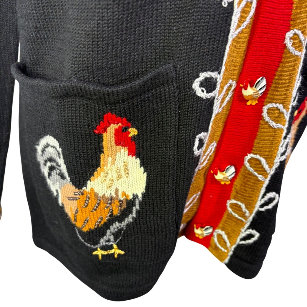 NWT Storybook Knits Rooster Cardigan Womens M Black Kitschy Novelty Sweater - Picture 9 of 9